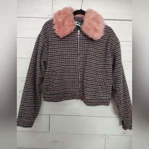Urban Outfitters houndstooth furry collar coat